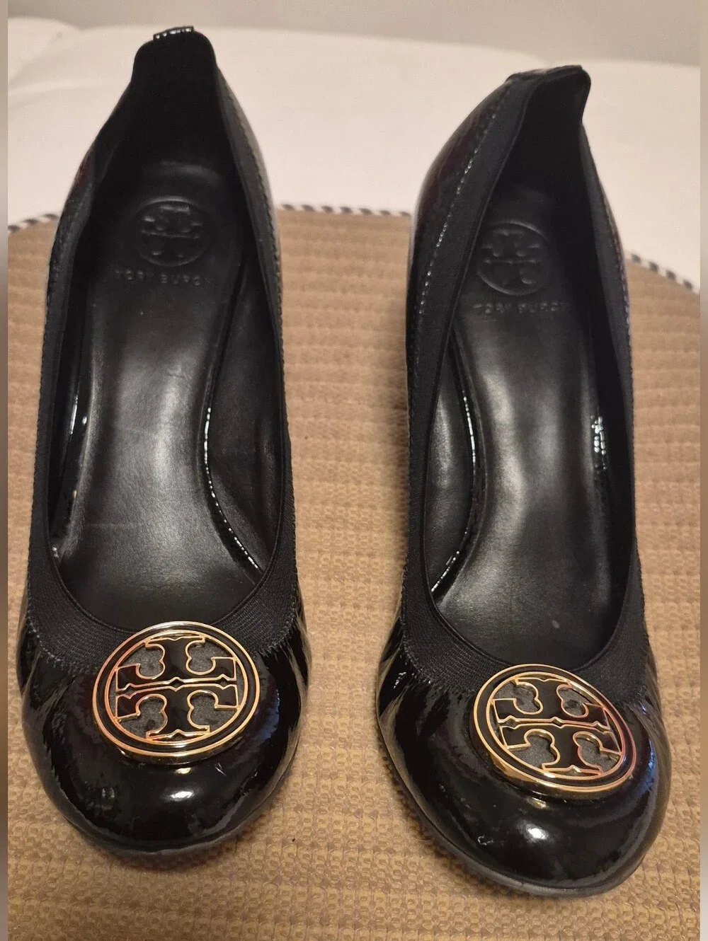 Tory Burch Black Patent Wedge Ballet Flats with Gold Logo